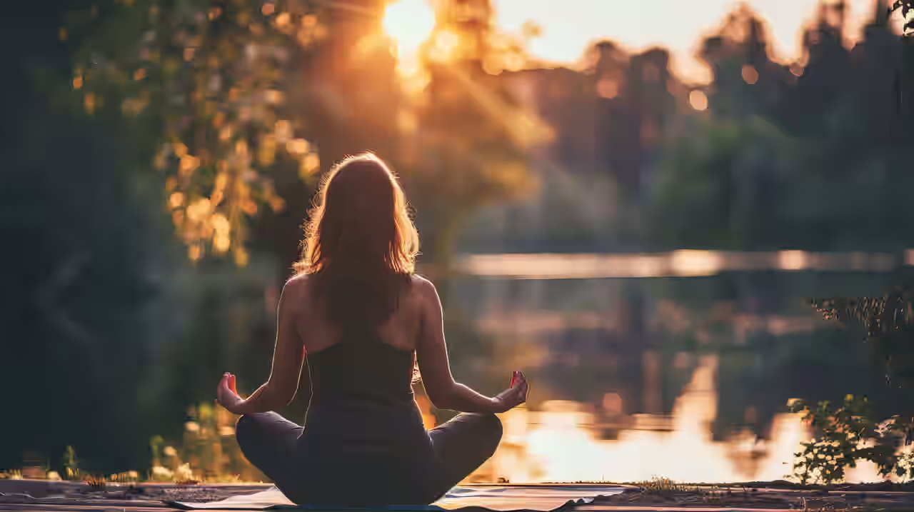 Eine Frau sitzt im Lotussitz auf einem Steg am See in Kärnten im Yoga Urlaub