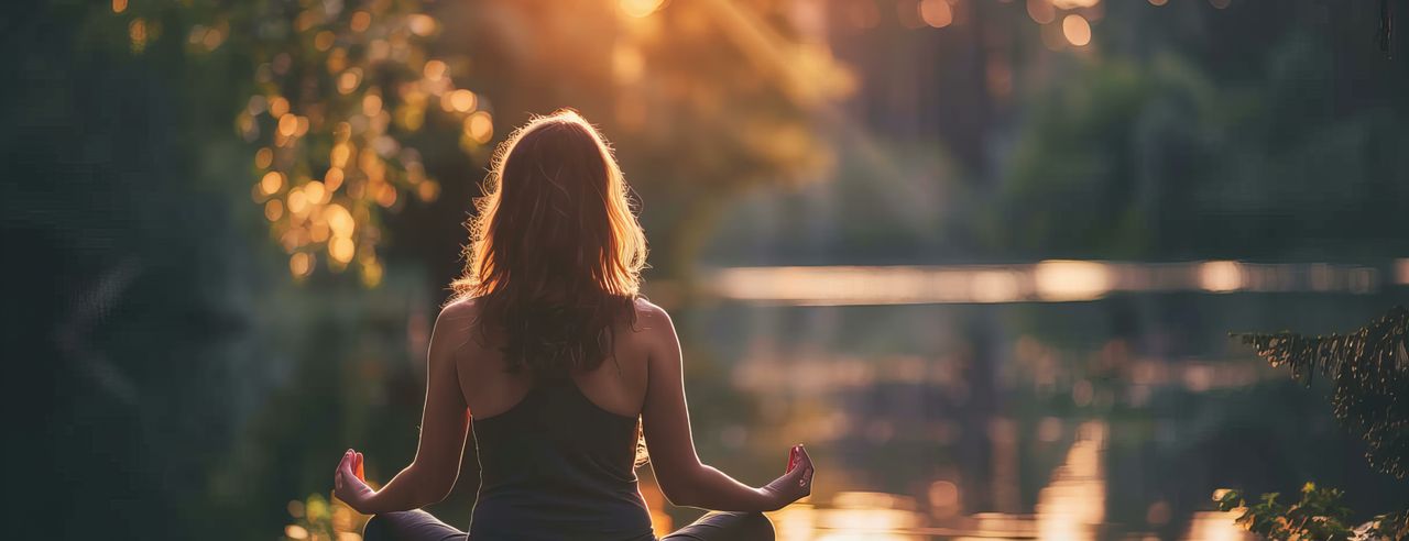 Eine Frau sitzt im Lotussitz auf einem Steg am See in Kärnten im Yoga Urlaub
