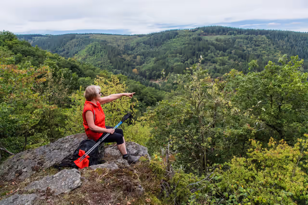 Heruntergeladen Seniorin sitzt auf einem Felsvorsprung und zeigt mit den Finger; Denntal, Eifel