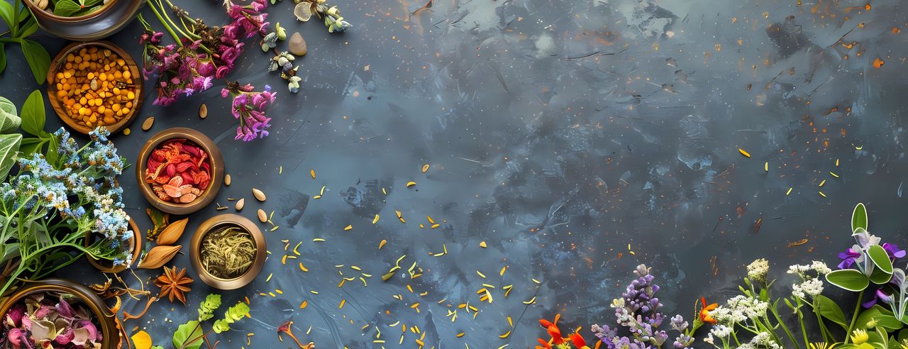 Kleurrijke bloemen en kruiden steken af tegen een donkere achtergrond.