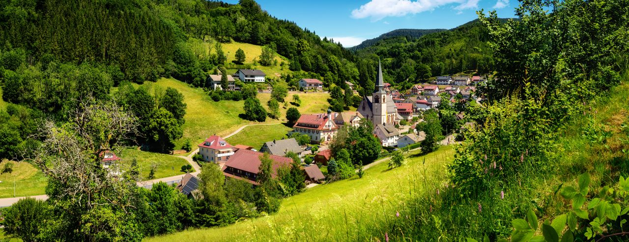 Blick auf Häuser, Wälder und Hügel bei einer Kur in Bad Griesbach