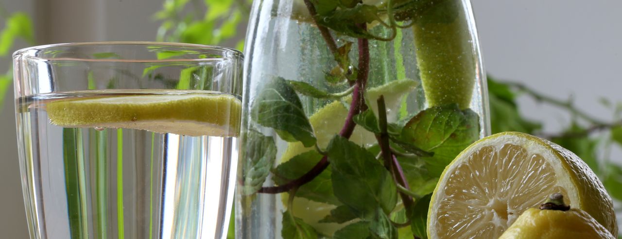 Karaffe und Glas mit Zitronenwasser