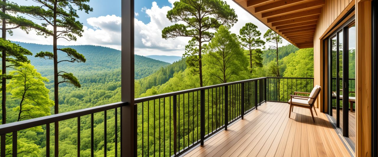 Blick auf dem Wald vom Balkon eines Waldhotels