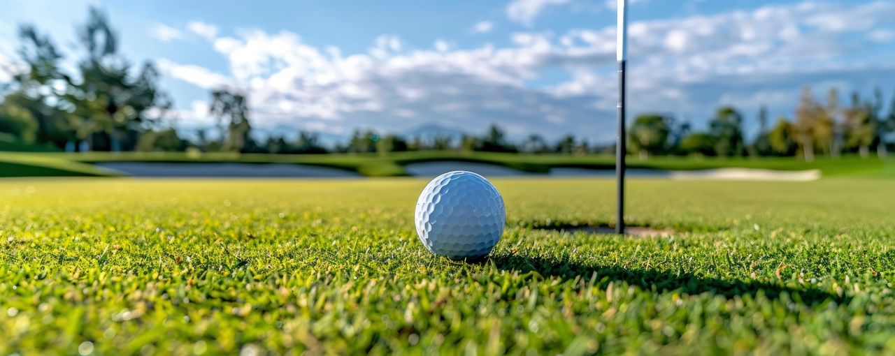 Ein Golfbal liegt kurz vor dem Loch auf grünem Rasen.