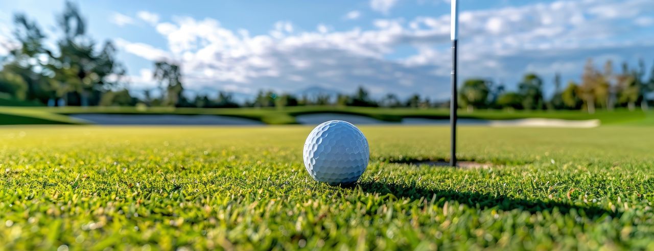 Golfplatz mit Bäumen und Hotel im Hintergrund