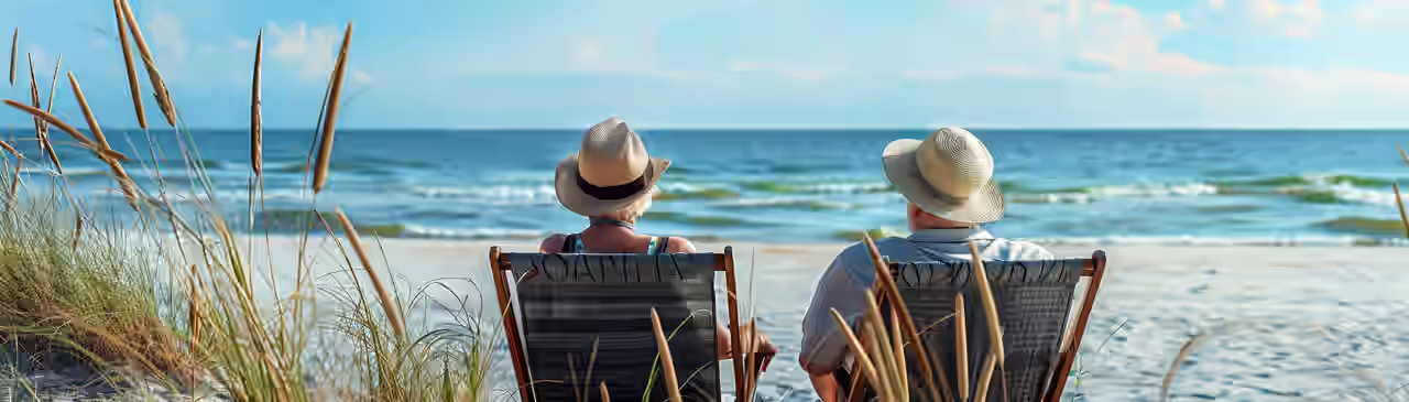 Ein Paar sitzt in Liegestühlen am Strand beim Romantikurlaub in Mecklenburg-Vorpommern