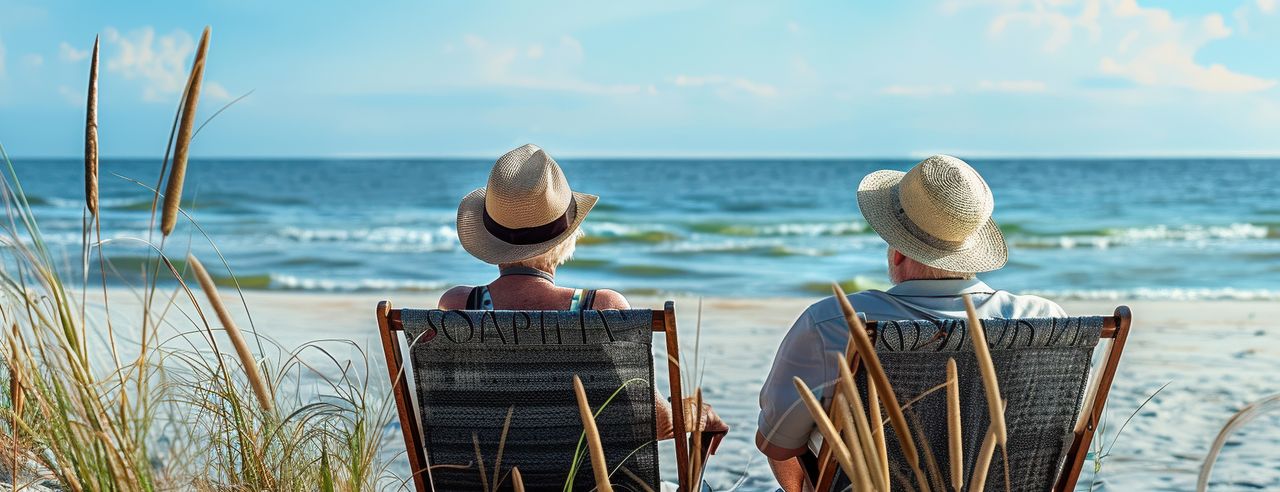 Ein Paar sitzt in Liegestühlen am Strand beim Romantikurlaub in Mecklenburg-Vorpommern