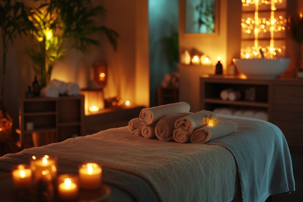 Ein Massageraum in glanzvollem warmen Licht, indem die Wärmetherapie mit zum Beispiel einer Hot-Stone-Massage durchgeführt wird