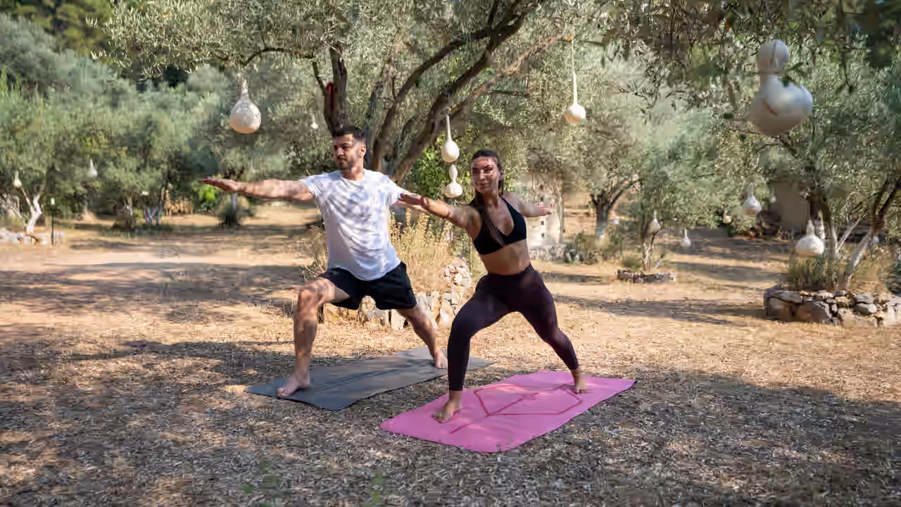 Zwei Personen machen Yoga auf Matten in einem Olivengarten auf Mallorca