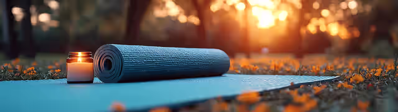 Eine Yogamatte liegt ausgerollt auf dem Boden, daneben eine Kerze als Symbolbild für die Vielfalt beim Yoga Seminar
