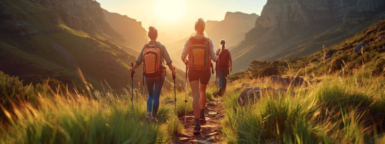 Drei Frauen mit Wanderrucksack in den Bergen
