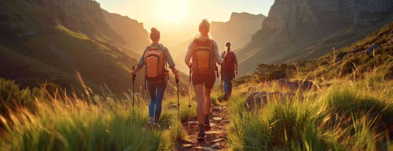 Drei Frauen mit Wanderrucksack in den Bergen