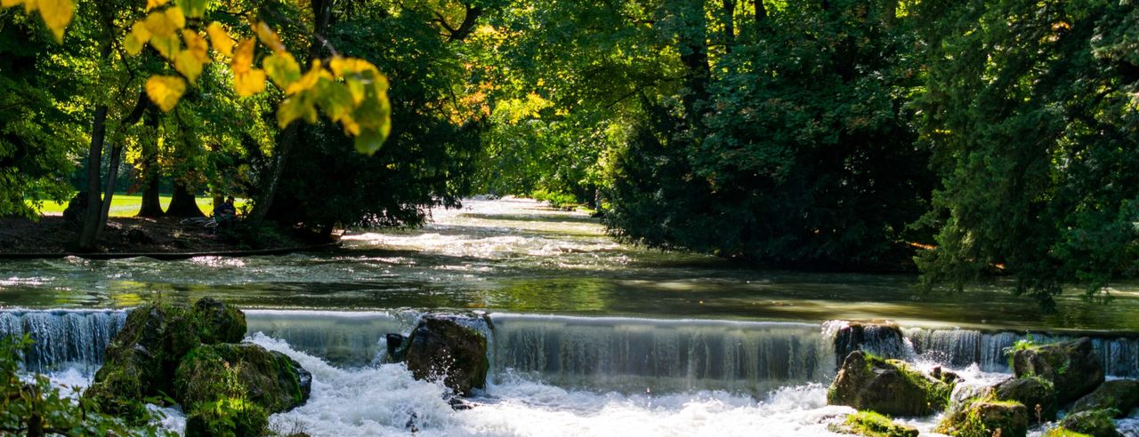 Park mit Fluss und kleinem Wasserfall