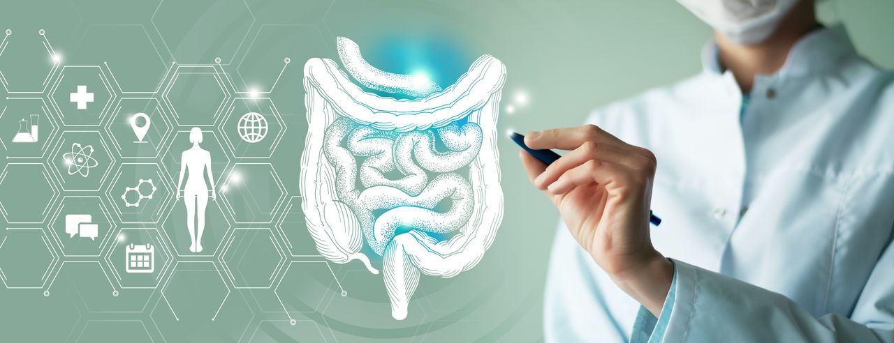 A doctor points to an image of the intestinal tract.