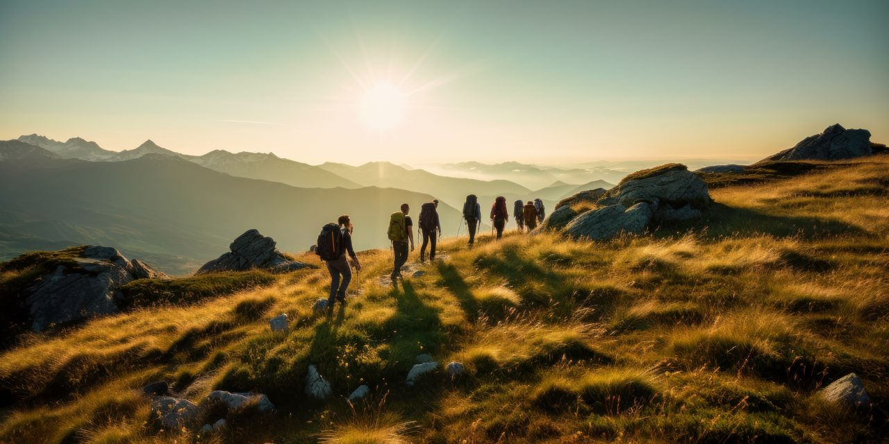 Eine Gruppe Wanderer wandert bei Sonnenuntergang auf einem mit Gräsern bewachsenen Berg, der von Sonnenlicht in warmes Gelb getaucht wird.