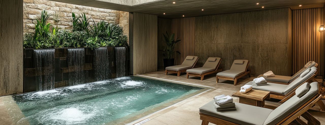 Inneneinrichtung eines Luxus-Boutique-Resort mit Pool.