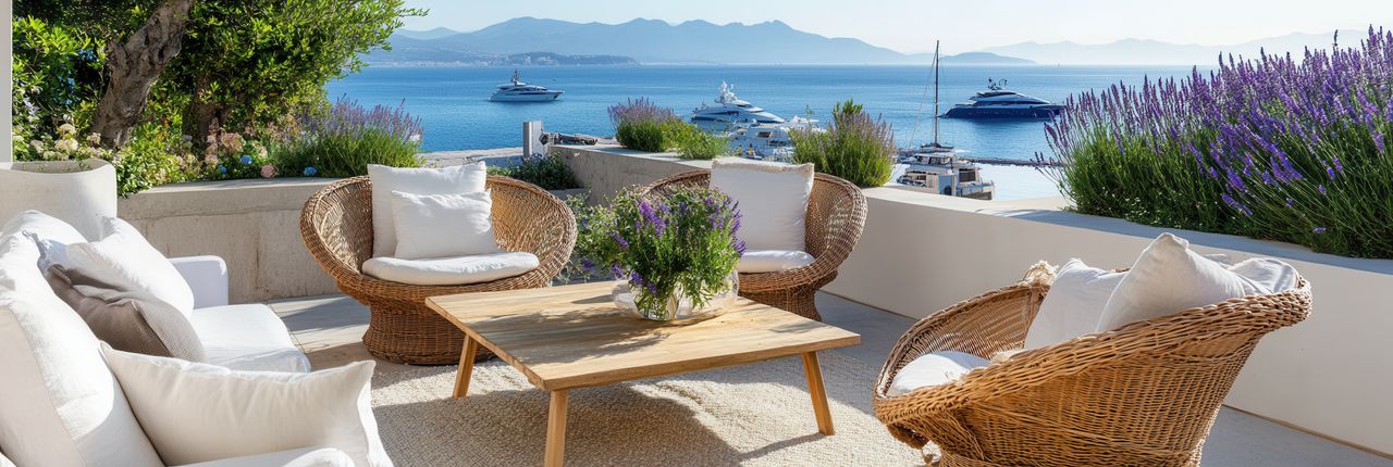 Sessel und Tisch auf einer Sonnenterasse mit Meerblick