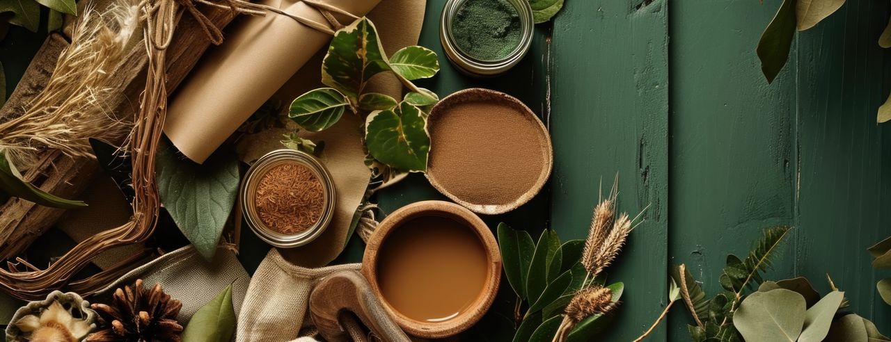 Auf einem grünen Tisch liegen verschiedene grüne Pflanzen und Kräuter, eine Tasse mit einer braunen Flüssigkeit und ein zusammengerolltes Blatt Papier. 