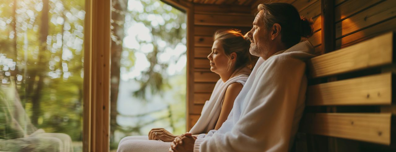 Ein Mann und eine Frau sitzen im weißen Bademantel mit geschlossenen Augen nebeneinander in einer mit Holz verkleideten Sauna und genießen die Nähe zur Natur, da die Sauna ein Panoramafenster hat und sich im Wald befindet