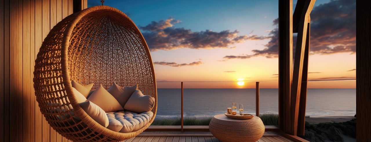 fauteuil suspendu avec coucher de soleil dans un hôtel de luxe