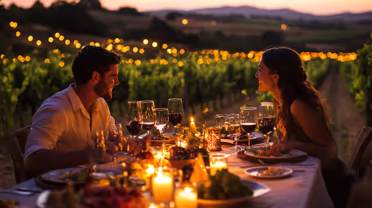 Ein Paar beim Dinner in der Natur der Pfalz im Romantikurlaub