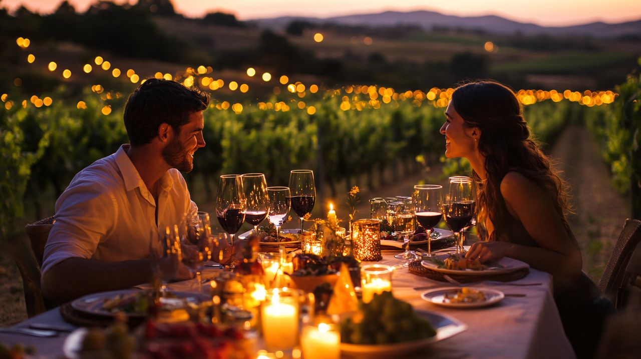 Ein Paar beim Dinner in der Natur der Pfalz im Romantikurlaub