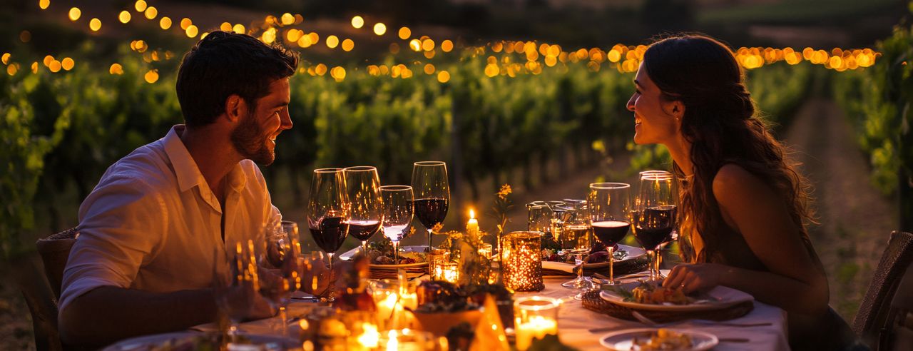 Ein Paar beim Dinner in der Natur der Pfalz im Romantikurlaub