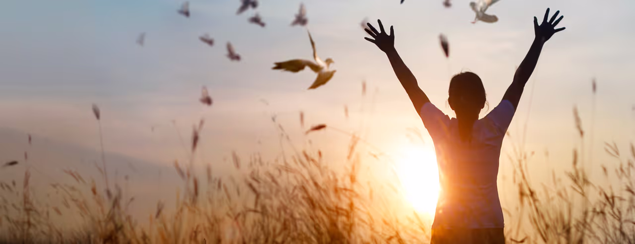 Una mujer está de pie en un campo y estira los brazos serenamente hacia arriba. Al fondo, sale el sol y vuelan los pájaros.