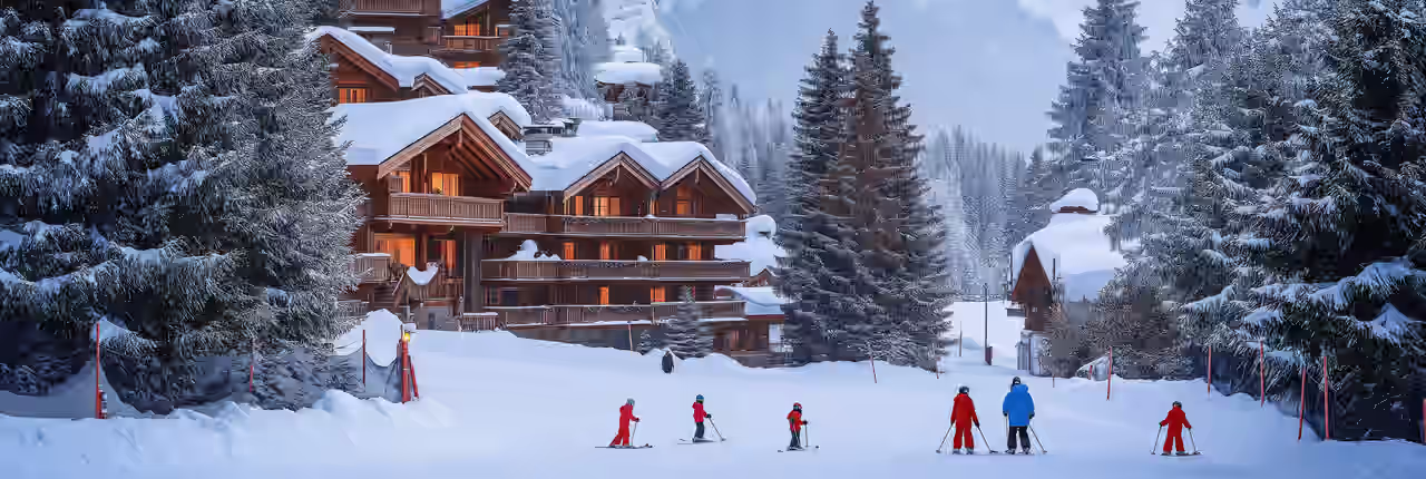 Ein Hotel inmitten schneebedeckter Wälder und Berge