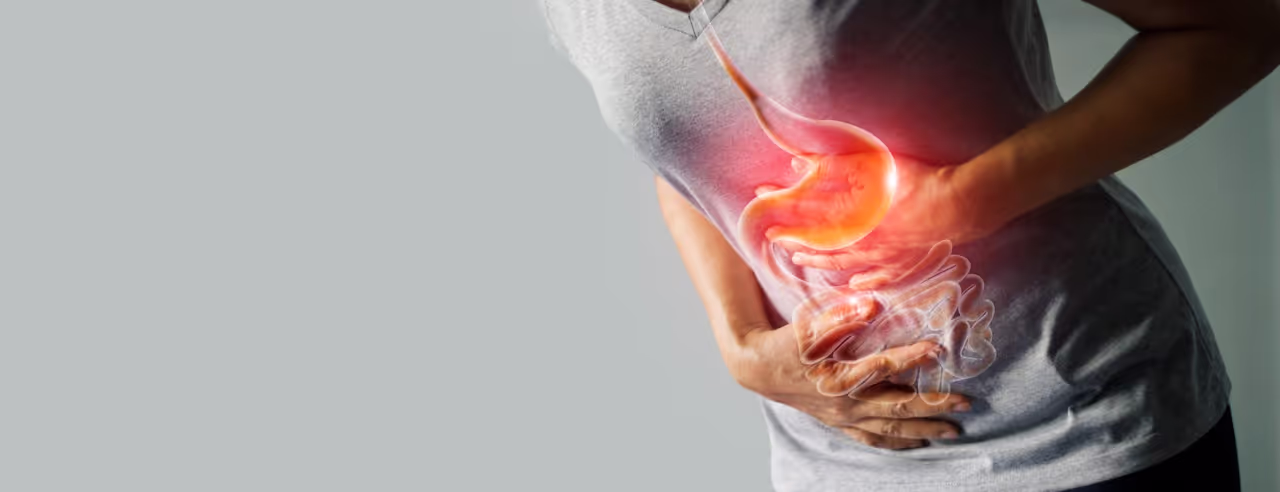 Frau hält sich den Bauch, Overlay Zeichnung der Organe