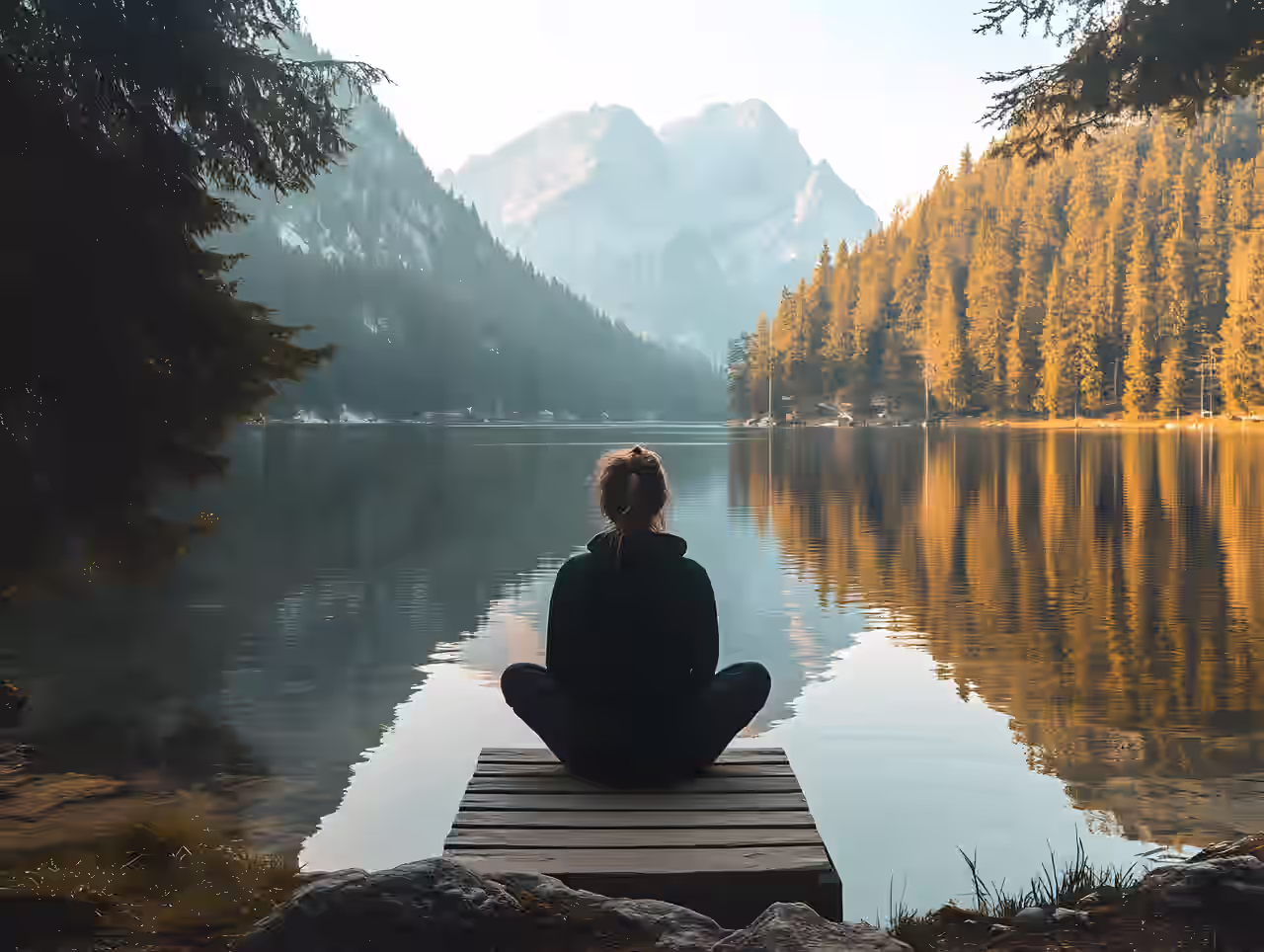 Eine Frau sitzt am See in Bayern während ihrer Yoga Seminar Reise